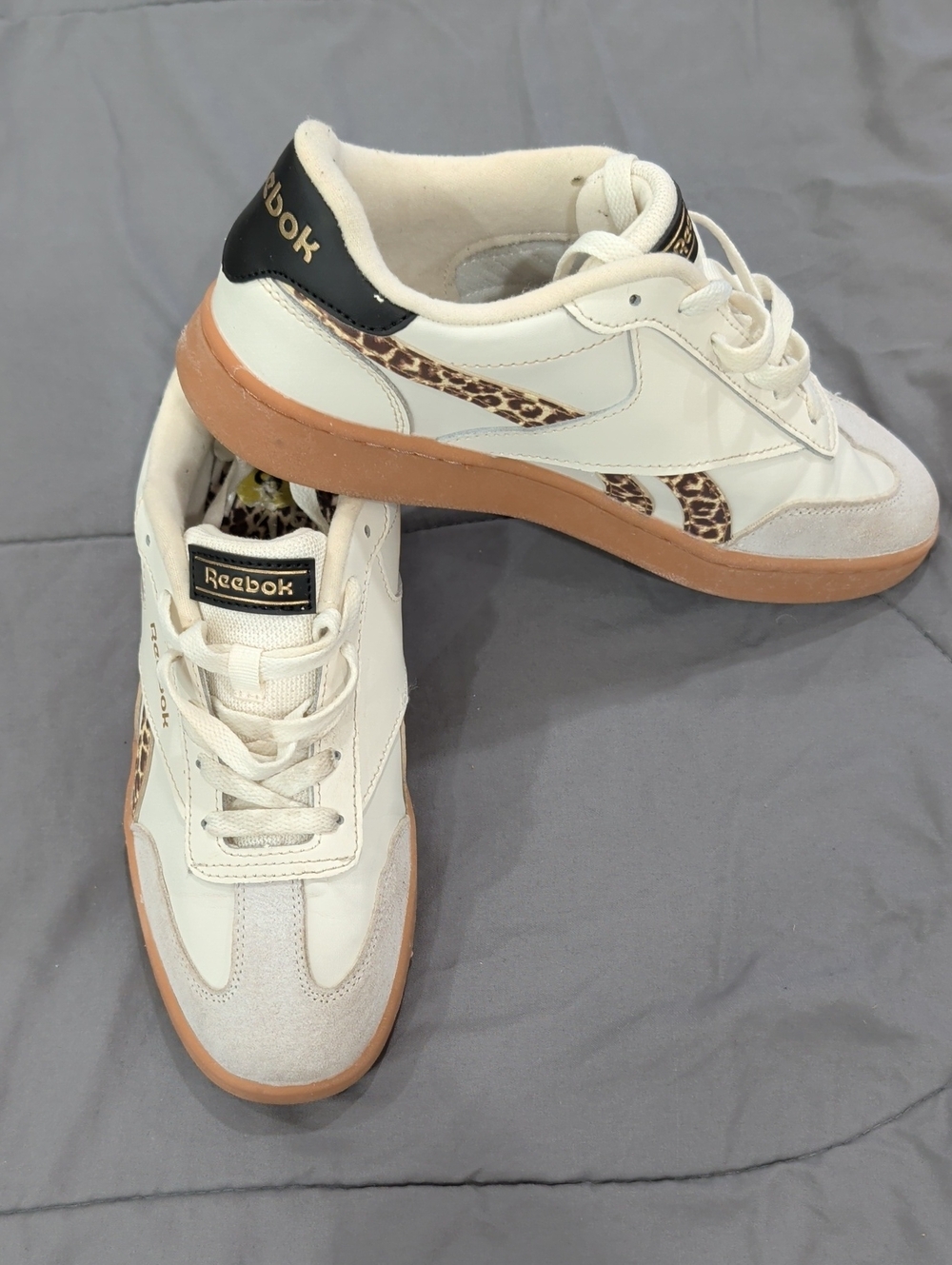 Reebok Women's Cream Sneakers with Leopard Print and Gum Sole
